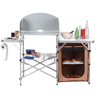 Costway Foldable Outdoor Bbq Portable Grilling Table With Windscreen Bag In Gray