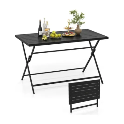 Costway Foldable Outdoor Dining Table 48inch X 30inch Rectangular Metal Patio Table With Slatted Tabletop-bl In Black