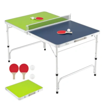 Costway Foldable Ping Pong Table Game Set Mini Table Tennis Table With Adjustable Height-blue & Green In Multi