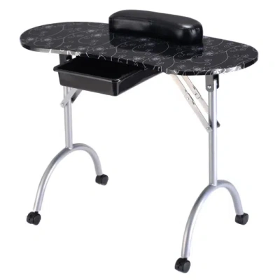 Costway Foldable Portable Manicure Table With Drawer Casters And Cushion-black In Multi