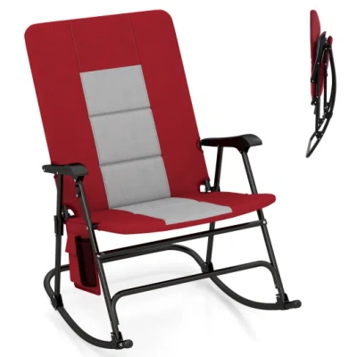 Costway Foldable Rocking Padded Portable Camping Chair With Backrest And Armrest -red In Multi