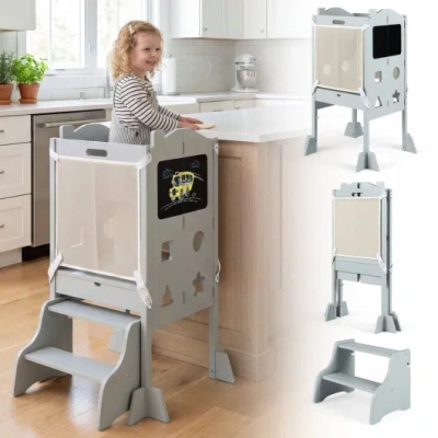 Costway Foldable Toddler Step Stool With Chalkboards 2-step Stool-gray In Multi
