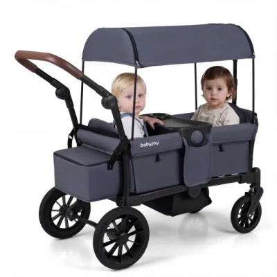 Costway Foldable Wagon Stroller For 2 Kids Double Seater Toddler Stroller With Removable Canopy-gray In Animal Print