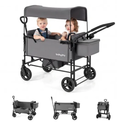 Costway Foldable Wagon Stroller For 2 Kids With Removable Canopy And Adjustable Push Handle-gray