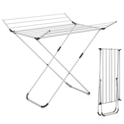 Costway Folding Aluminum Clothes Drying Rack With 2 Side Wings In Gray