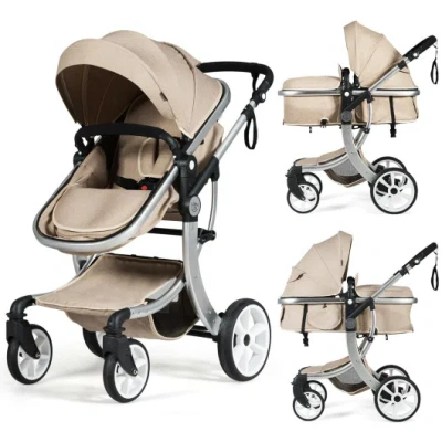 Costway Folding Aluminum Infant Reversible Stroller With Diaper Bag-beige In Neutral