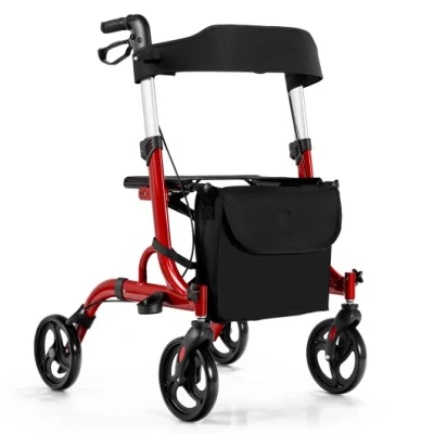 Costway Folding Aluminum Rollator Walker With 8 Inch Wheels And Seat-red In Multi