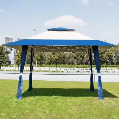 Costway Folding Awning Garden 13 Ft. W X 13 Ft. D Steel Patio Gazebo In Blue