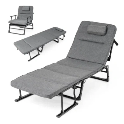 Costway Folding Camping Cot With Mattress 3 In 1 Convertible Single Sofa Chaise Lounge Chair Sleeper-gray