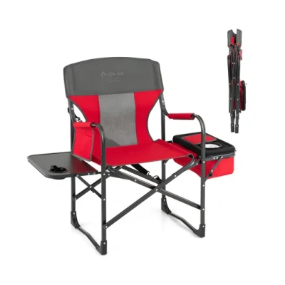 Costway Folding Camping Directors Chair With Cooler Bag And Side Table-red In Gray