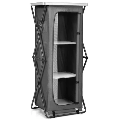 Costway Folding Camping Storage Cabinet With 3 Shelves And Carry Bag-xl In Gray