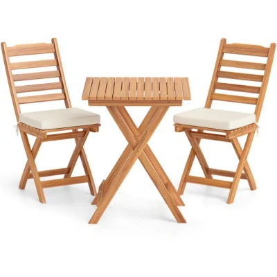 Costway Folding Chair Table Set With Soft Seat Cushions And Table-white In Brown
