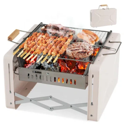 Costway Folding Charcoal Bbq Grill With Dishwasher-safe Grill Grids And Charcoal Box-beige In Neutral