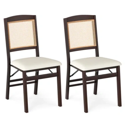 Costway Folding Dining Chairs Set Of 2 Rubber Wood Chairs With Linen Padded Seat-coffee In Brown