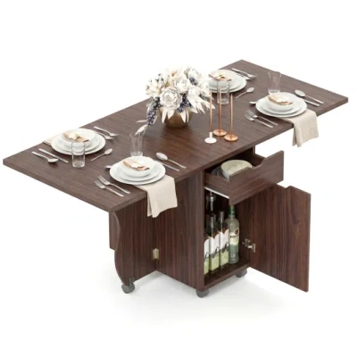 Costway Folding Dining Table 3-in-1 Space-saving Drop Leaf Kitchen Table With Lockable Wheels-walnut In Animal Print
