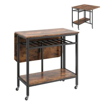 Costway Folding Dining Table With Expandable Laptop With Wine Rack And Wheels-rustic Brown
