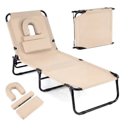 Costway Folding Face Down Tanning Chair With Face Hole 3 Removable Pillows-beige In Brown