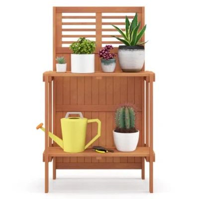 Costway Folding Garden Potting Bench With 2-tier Storage Shelves And Teak Oil Finish For Garden Yard Balcony In Brown