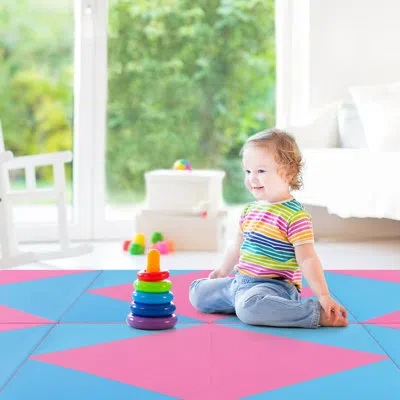 Costway Folding Gymnastics Mat 8' X 4' X 2'' Pu Leather Tumbling Exercise Mat Yoga Gym Blue+black In Pink,blue