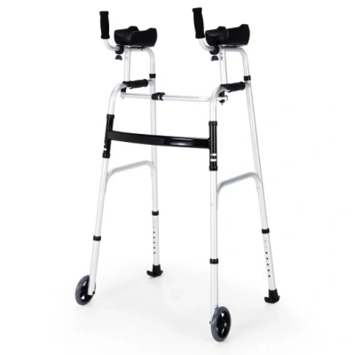Costway Folding Height Adjustable Walking Frame With Armrest Support-silver In White