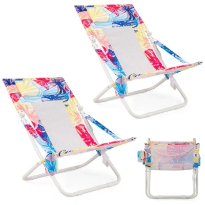 Costway Folding Low Beach Chair Set Of 2 Patio Sling Chairs With Padded Head Pillow-pink In Multi