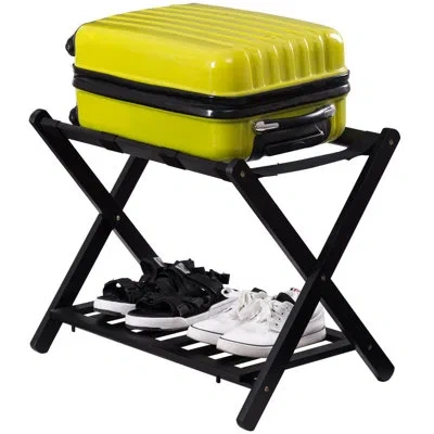 Costway Folding Luggage Rack With Shelf Travel Suitcase In Black