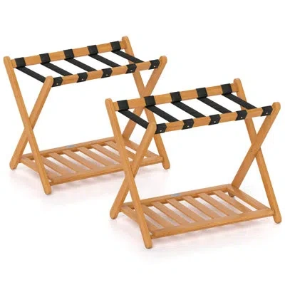 Costway Folding Luggage Racks Set Of 2 With Storage Shelf & 5 Nylon Straps Luggage Holder In Oak