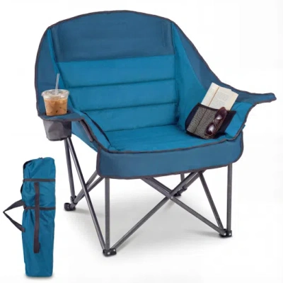 Costway Folding Oversized Camping Chair With Side Pockets And Cup Holder-blue In Animal Print