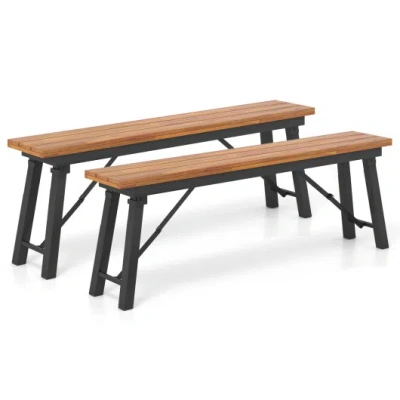 Costway Folding Picnic Bench Set Rectangular Acacia Wood Dining Camping Bbq Benches In Brown