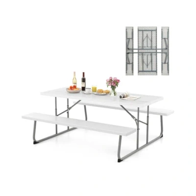 Costway Folding Picnic Table Set With Metal Frame And All-weather Hdpe Tabletop, Umbrella Hole-white In Multi