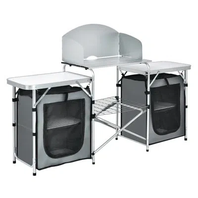 Costway Folding Portable Aluminum Camping Grill Table W/ Storage Organizer Windscreen In Silver