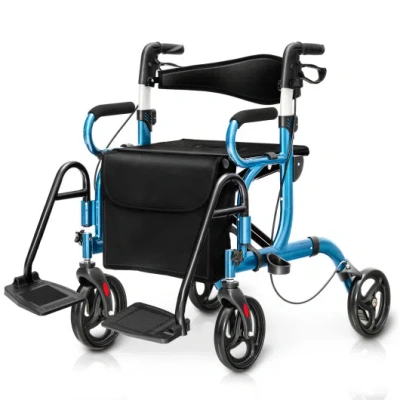 Costway Folding Rollator Walker With 8-inch Wheels And Seat-navy In Black