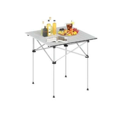 Costway Folding Roll-up Camping Table With Metal Legs-silver In Gray