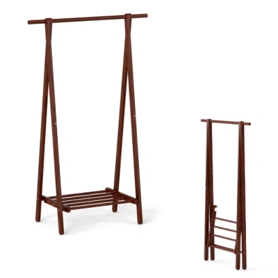 Costway Folding Rubber Wood Clothes Hanging Rack Standing Garment Rack With Bottom Storage Shelf-walnut In Multi