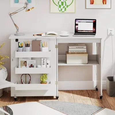 Costway Folding Sewing Table Rolling Craft Station With 3 Storage Bins & Charging Station In White