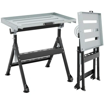 Costway Folding Welding Table Welding Workbench With 2 Fixed Wheels 4-level Height-black In Gray