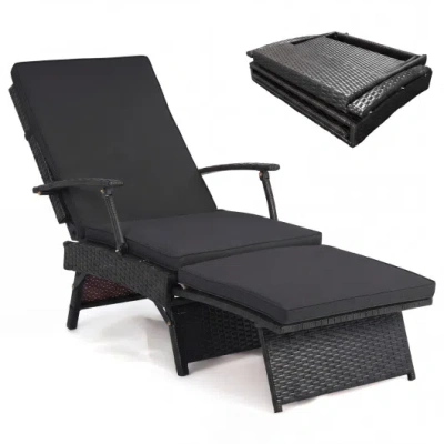 Costway Folding Wicker Chaise Lounge With Slide-out Ottoman11-level Adjustable Backrest To Flat And Sun-proo In Black