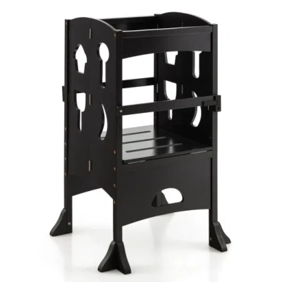 Costway Folding Wooden Step Stool With Lockable Safety Rail For Toddler 3+-coffee In Black
