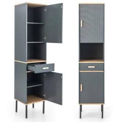 Costway Free-standing Bathroom Cabinet Narrow Linen With Doors And Drawer-gray In Multi