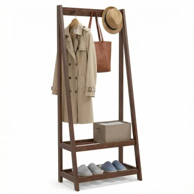 Costway Freestanding Clothes Rack With 3 Hooks And 2 Shelves-walnut In Multi