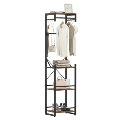 Costway Freestanding Coat Rack With 4 Storage Shelves And 6 Hooks-rustic Brown In Black