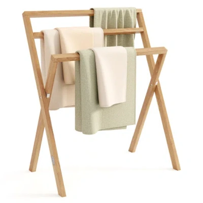 Costway Freestanding Foldable Teak Wood Towel Rack With 3 Hanging Crossbars In Brown
