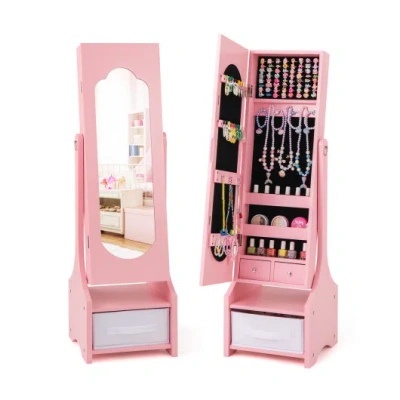 Costway Freestanding Kids Jewelry Armoire Cabinet With Storage And 2 Tilt Angles-pink