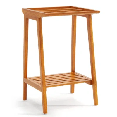Costway Freestanding Towel Rack With Storage Shelf For Bathroom In Brown