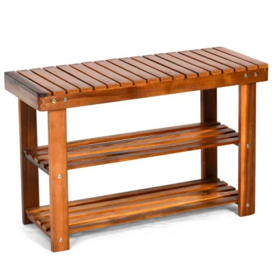 Costway Freestanding Wood Bench With 3-tier Storage Shelves In Brown