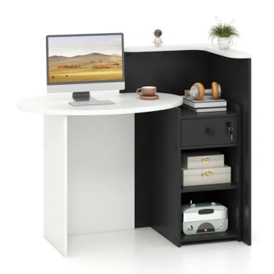 Costway Front Reception Office Desk With Open Shelf And Drawer-black & White In Gray