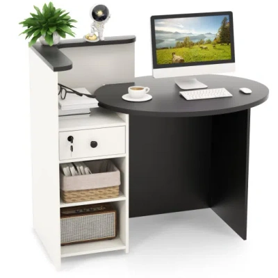 Costway Front Reception Office Desk With Open Shelf And Lockable Drawer-black & White In Animal Print
