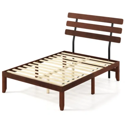 Costway Full Size Bed Frame 15.5 Inch Solid Wood Platform Bed With Retro Headboard In Brown