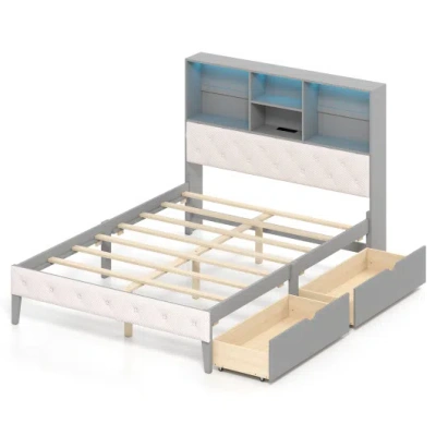 Costway Full Size Bed Frame With Bookcase Headboard And Led Lights-gray