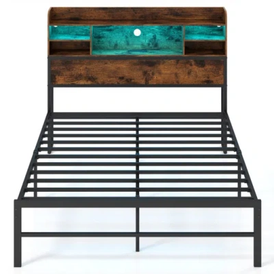 Costway Full Size Bed Frame With Headboard Led Lights And Charging Station-rustic Brown In Black